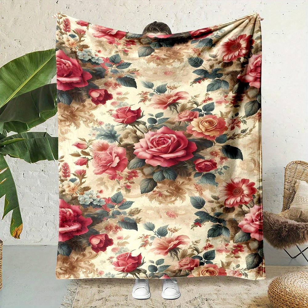 [Soft Vintage Rose Blanket] Soft and High Quality Vintage Rose Floral Pattern Flannel Throw Blanket | Digital Print, Non-Woven P