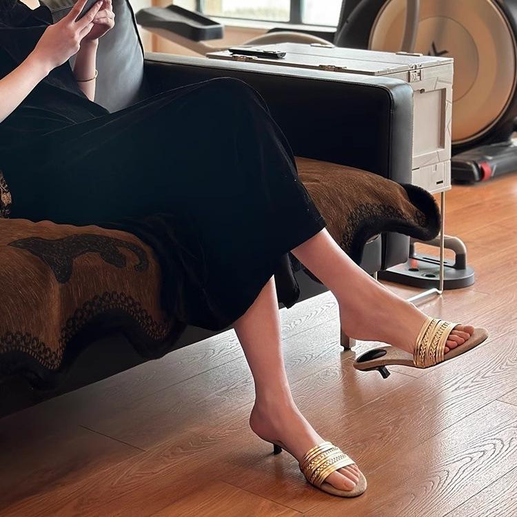 Yueyu New - High Heel Slippers Women's Summer Wear 2025 New Versatile Woven French Going Out Women's Cool Slippers