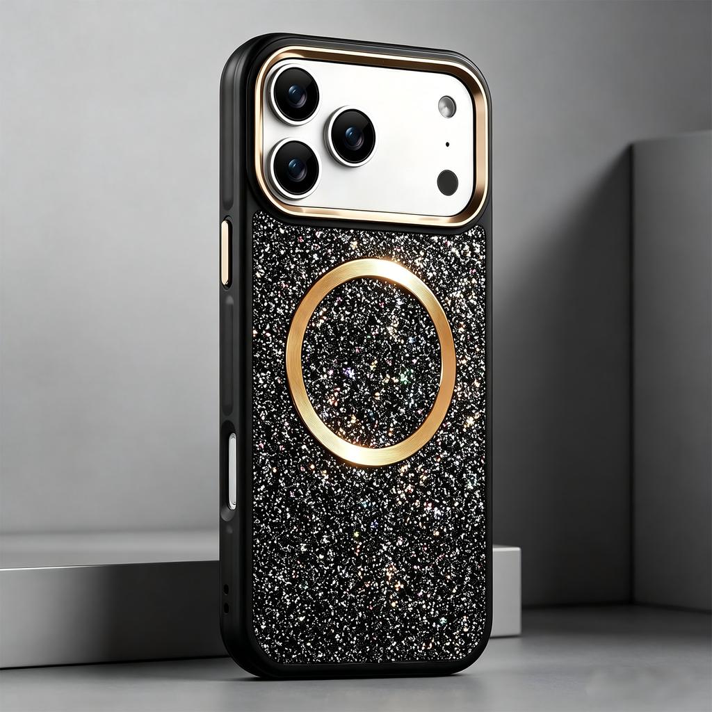 Case for Iphone 17 16 15 14 13 Pro Max Metal Lens Frame Glitter Protective Cover Wireless Charging Magnetic Anti-Fingerprint