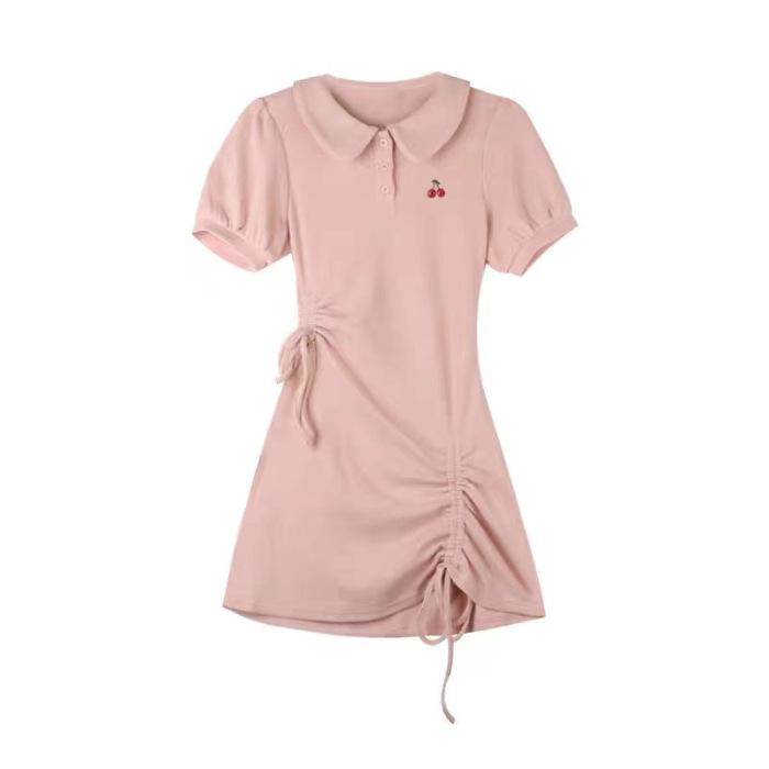 

Cherry polo lapel dress summer college milky sweet babes drawstring pleated waist little man first love skirt XL рожевий