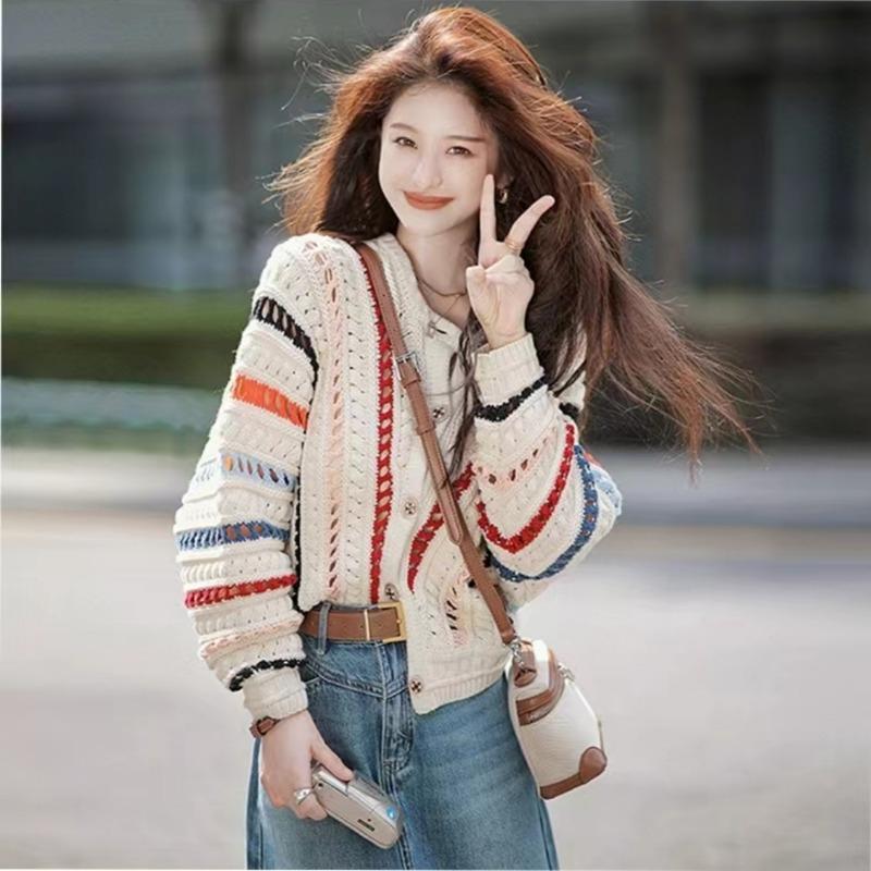 2025 New Rainbow Color Cardigan Women Sweater Autumn Sweet Fashion Elegant O Neck Knit Coats Hollow Crochet Casual Loose Long Sleeve Jacket Clothing