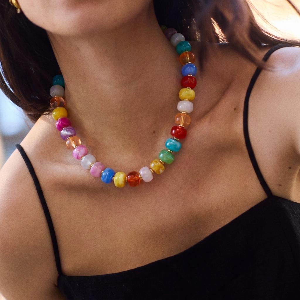 Boho Colorful Acrylic Beaded Necklace For Women Candy Color Chunky Round Resin Beads Choker Beach Vacation Seaside Daily Jewelry