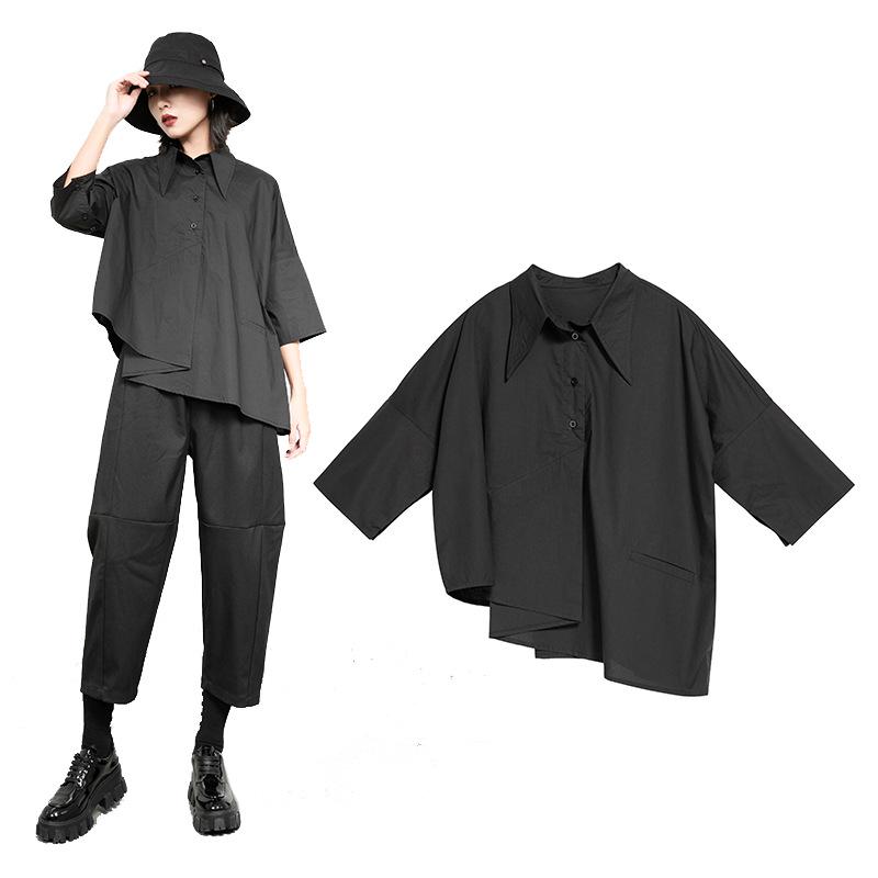 Hong Kong Style Trendy Irregular Three-Quarter Sleeve Women's Blouse - Loose Casual Spring/Summer Shirt