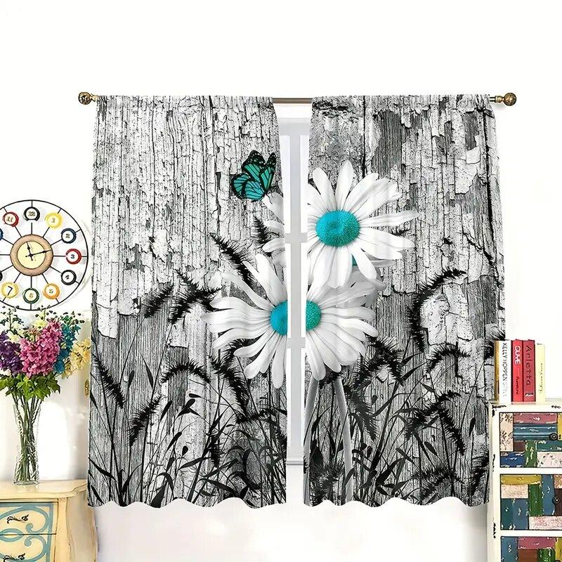 Wood Grain Butterfly Daisy Pattern Printed Curtains Window Decorations Home Room Curtain Polyester