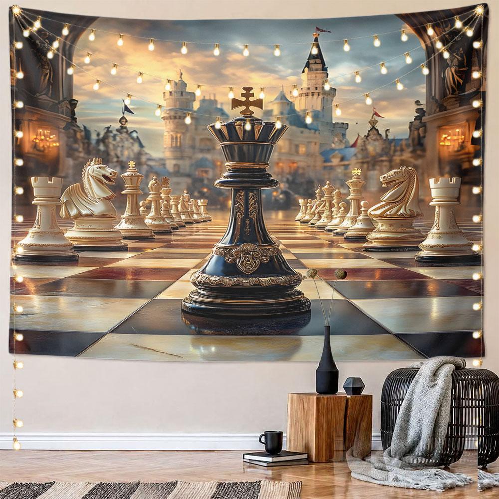 "Elegant Chess Set with Castle Backdrop" Pattern Wall Hanging Tapestry Decorative Tapestry Home Decor for Bedroom and Living Room