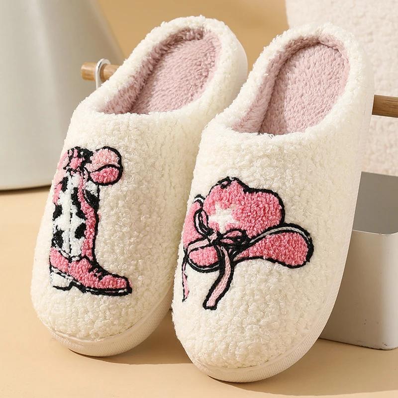 Fashion Cute Print Home Fluffy Slippers Women Closed Toe Warm Winter Cotton Slippers Woman Comfortable Soft Sole Plush Indoor Slides