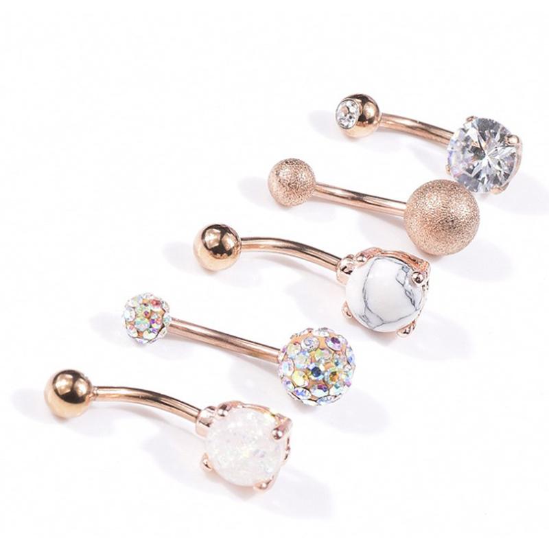 5Pcs/Set Women Navel Button Rings Rose Gold Medical Steel Rhinestone