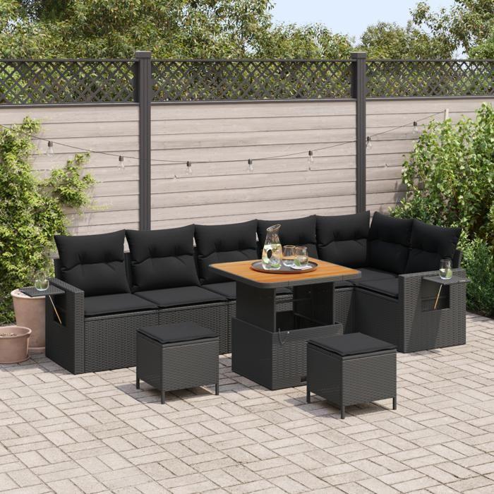 Ensemble de canapé de jardin 9 pièces vidaXL avec coussins en rotin poly noir acacia 3361759