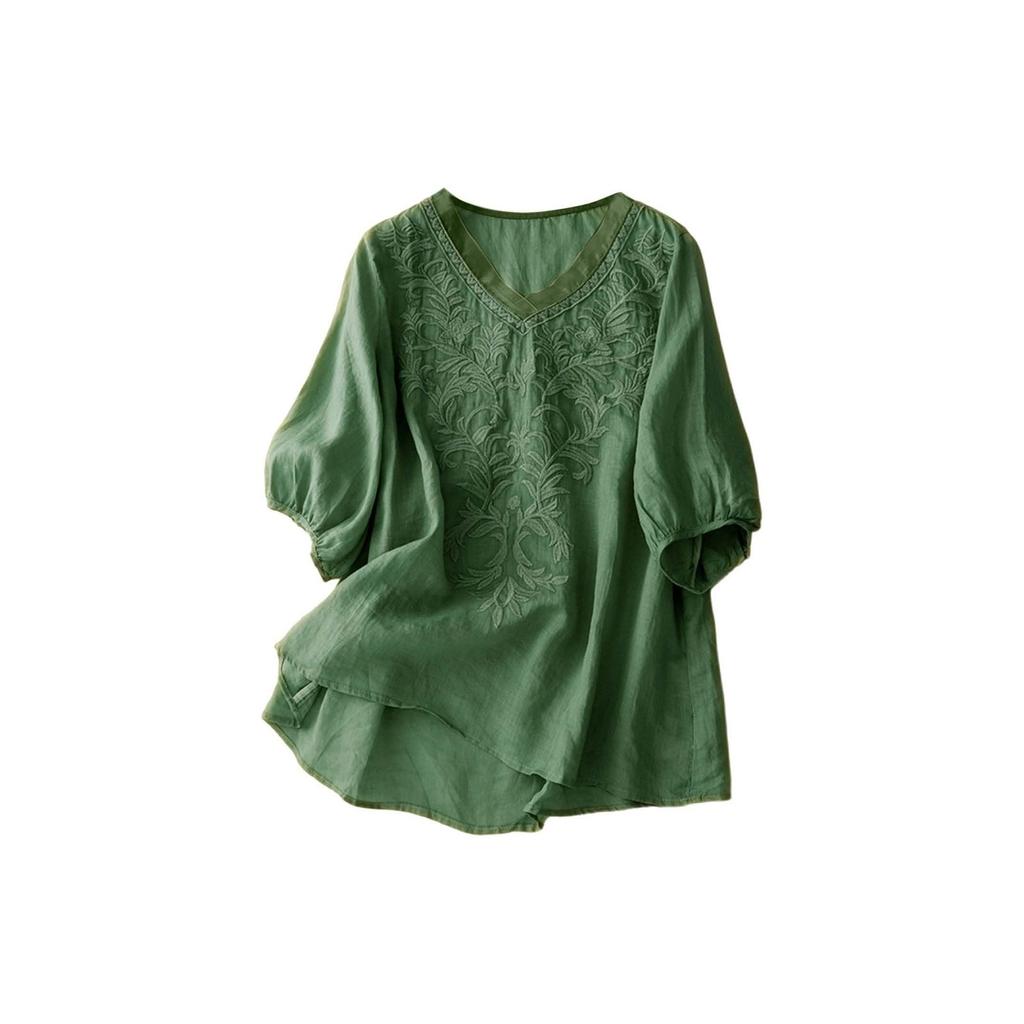 Fashion Women's Shirt Five-quarter Sleeve Spring And Summer Loose Top Embroidered Shirt
