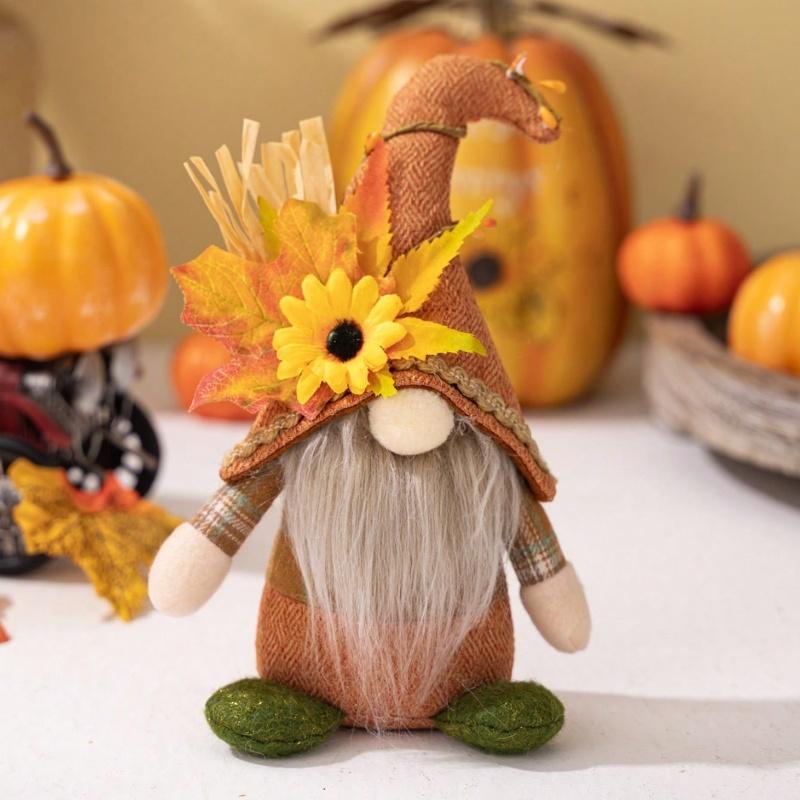 

Home Decoration Harvest Season Maple Leaf Sunflower Curved Hat with Light Rudolf Doll 1 S