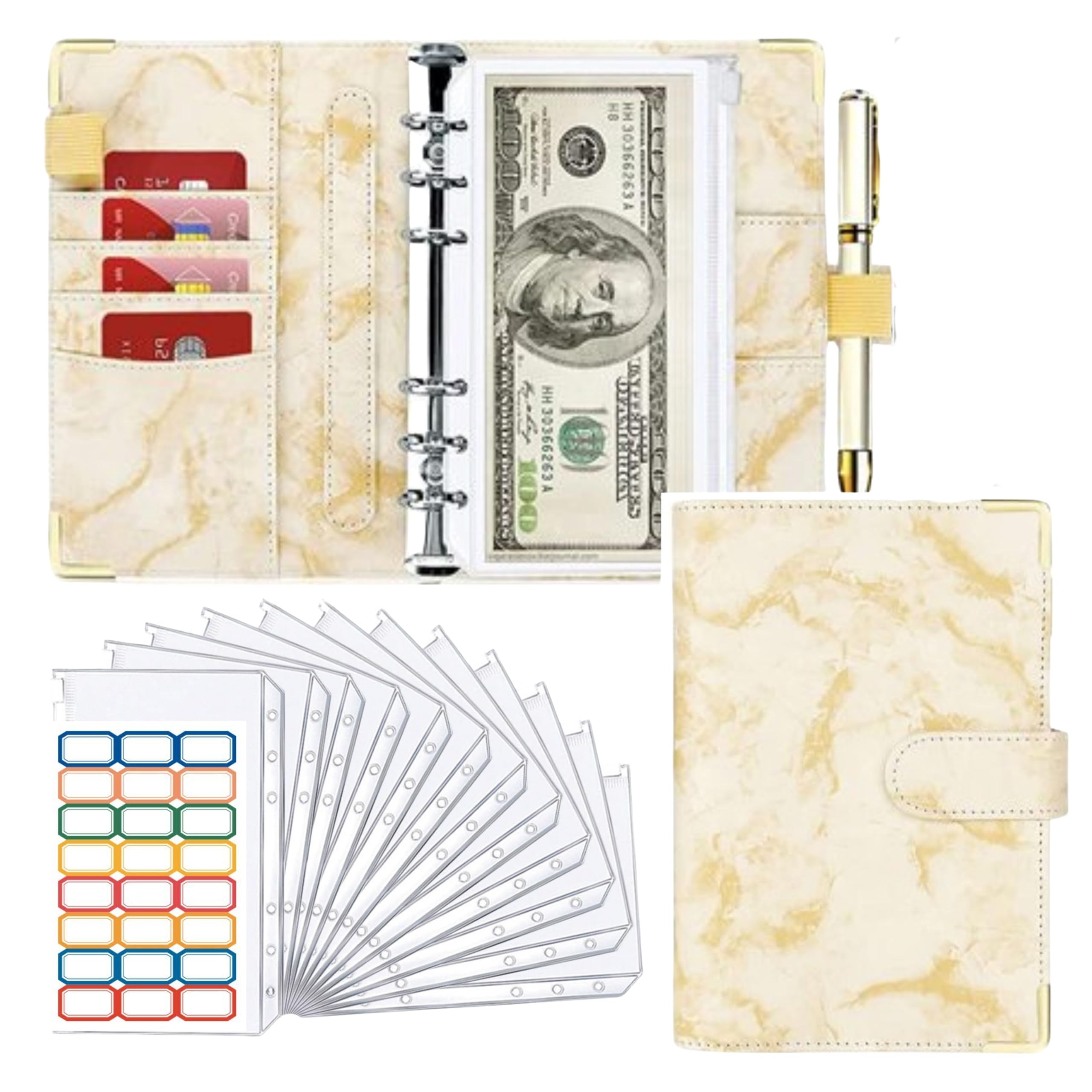 

East Leaf Household Budget Binder, A6, Marble Pattern, 6-Ring Dividers, 12 Pockets, 24 Labels, Yellow