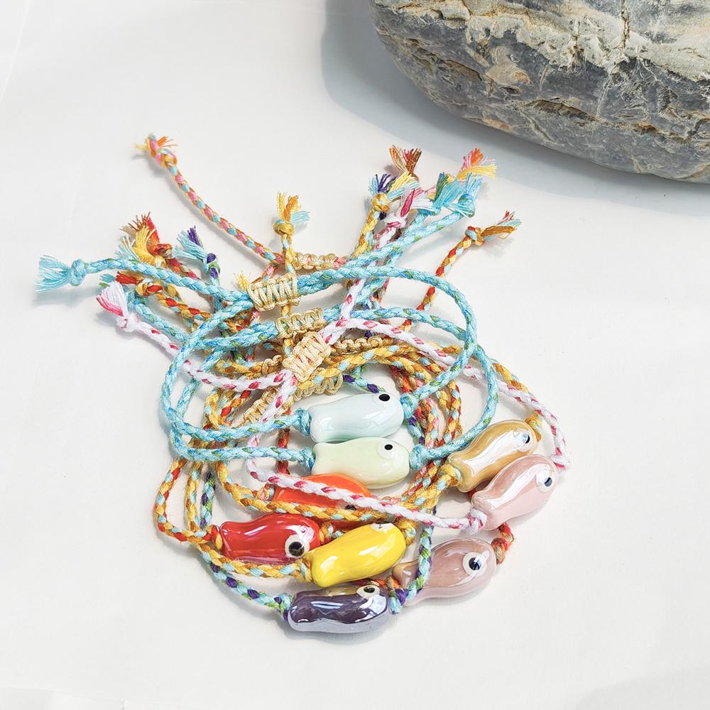 Vlen Adjustable Summer Beach Bracelet Ceramic Fish Charm Boho Style Colorful Rope Braided Handmade Jewelry Gift for Women