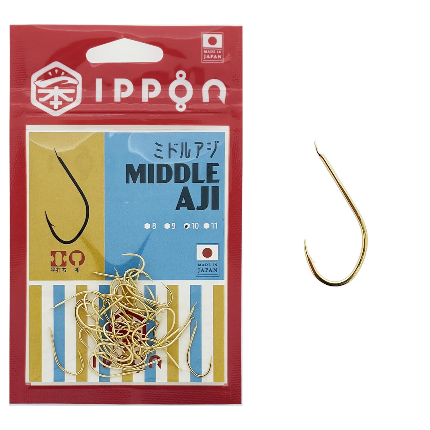

IPPON (1) Medium Horse Mackerel Gold Coated Hooks, Size 8 (40 hooks) - Size 11 (34 hooks), Made in Japan, Size 10 (36 hooks)
