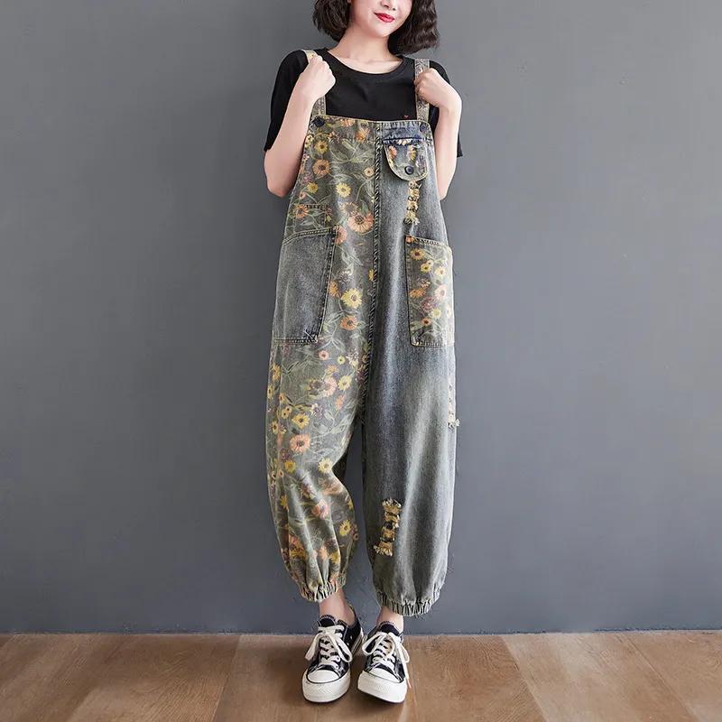 Salopette in denim con spalline, jeans larghi, tuta da donna, pantaloni larghi oversize, tasche grandi, stampa floreale