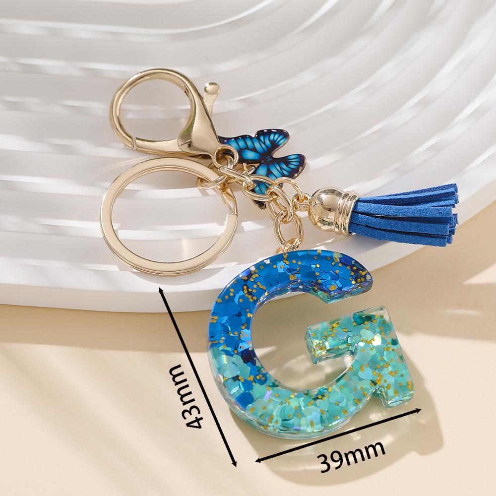 1pc Alloy Alphabet Initial Keychain Royal Blue Butterfly & Tassel Letter Keychain for Backpack Charm Accessory Key Ring Findings