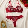 New Women Red Lace Exquisite Embroidery Floral Ultra-thin Deep V Sexy Lingerie Transparent Underwear Bra Set Erotic Costumes