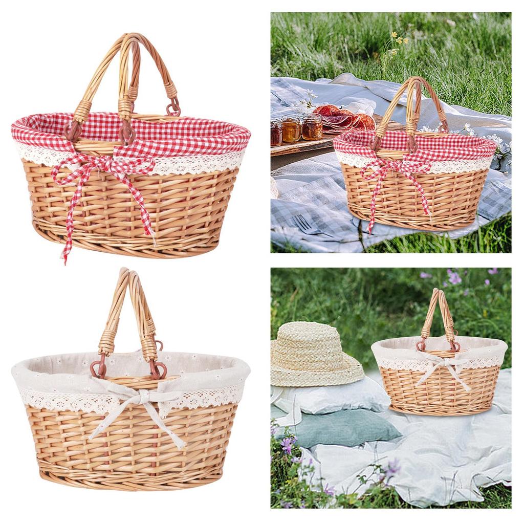 Picnic Basket with Handle Bread Basket Rattan Large Capacity Portable Wicker Basket for Garden Outdoor Camping Home Holiday