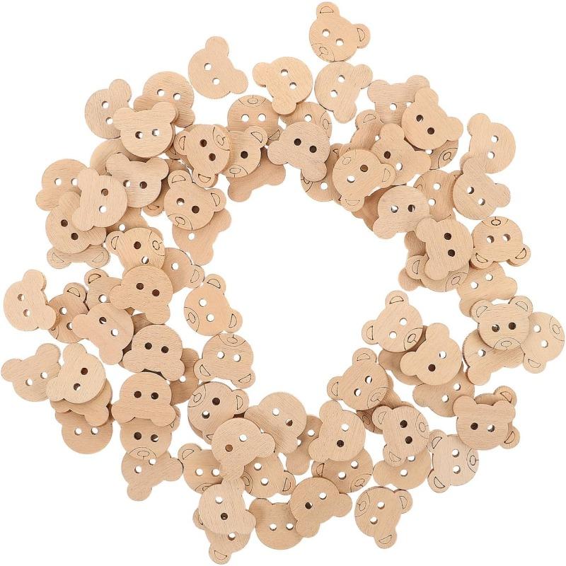 100pcs Wooden Bear Buttons Animal Shaped Unfinished Wood Decorative Buttons Sewing Supplies for DIY Sewing Crafting Scrapbooking
