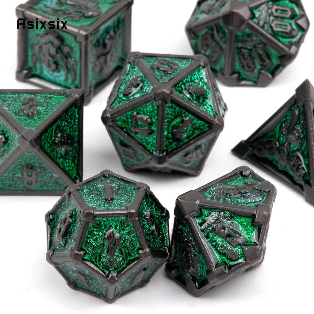 7 Pcs Black Green Skull Metal Dice Solid Metal Polyhedral Dice Set Suitable for Role-Playing RPG Board Game Card Game