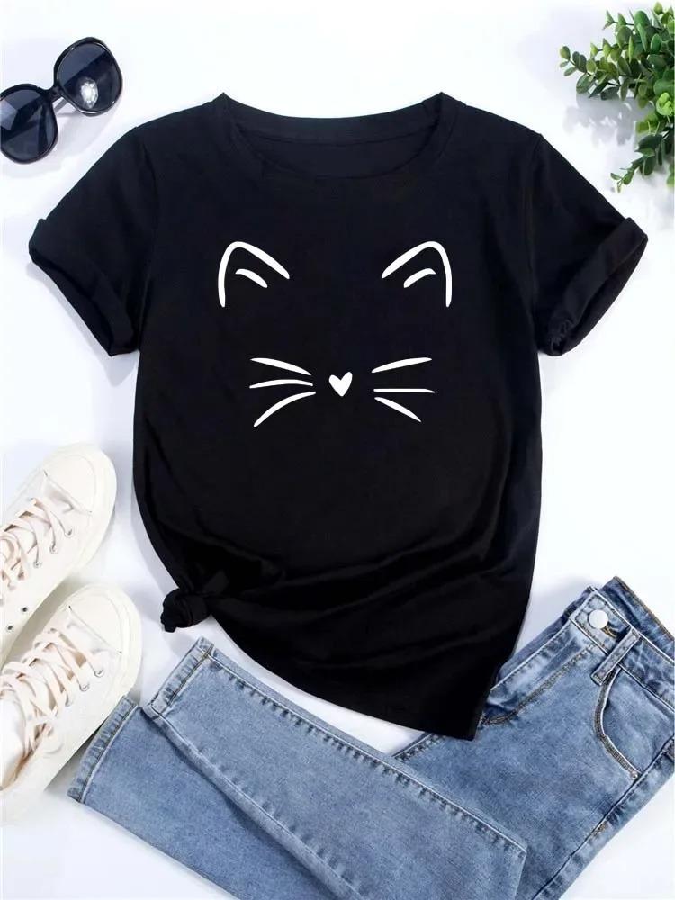 New Cute Love Heart Cat Print Women T-Shirt Casual Short Sleeve Top Summer Women's Clothing Cartoon Streetwear Y2k Clothes
