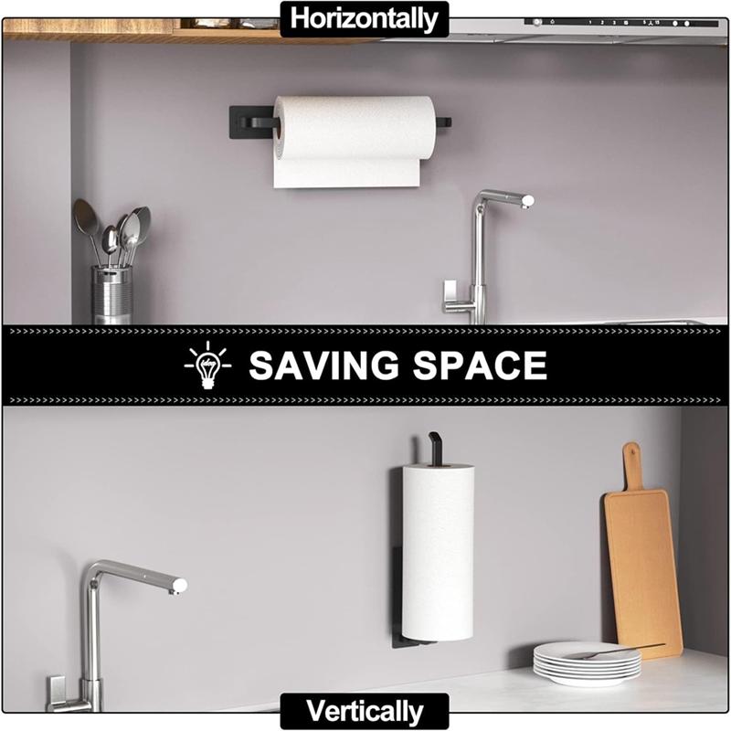 

A25F-Paper Towel Holder-Upgrade Stainless Steel, Upgraded Kitchen Roll Dispenser Under Cabinet-Matte Black Self Adhesive Or Dril