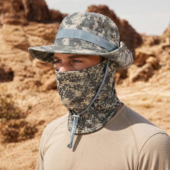 Camouflage Sonnenhut mit Sturmhaube Gesichtsmaske, UV-Schutz Herren Hut mit breiter Krempe, Atmungsaktiver Fischerhut für Outdoor Angeln Wandern Radfahren