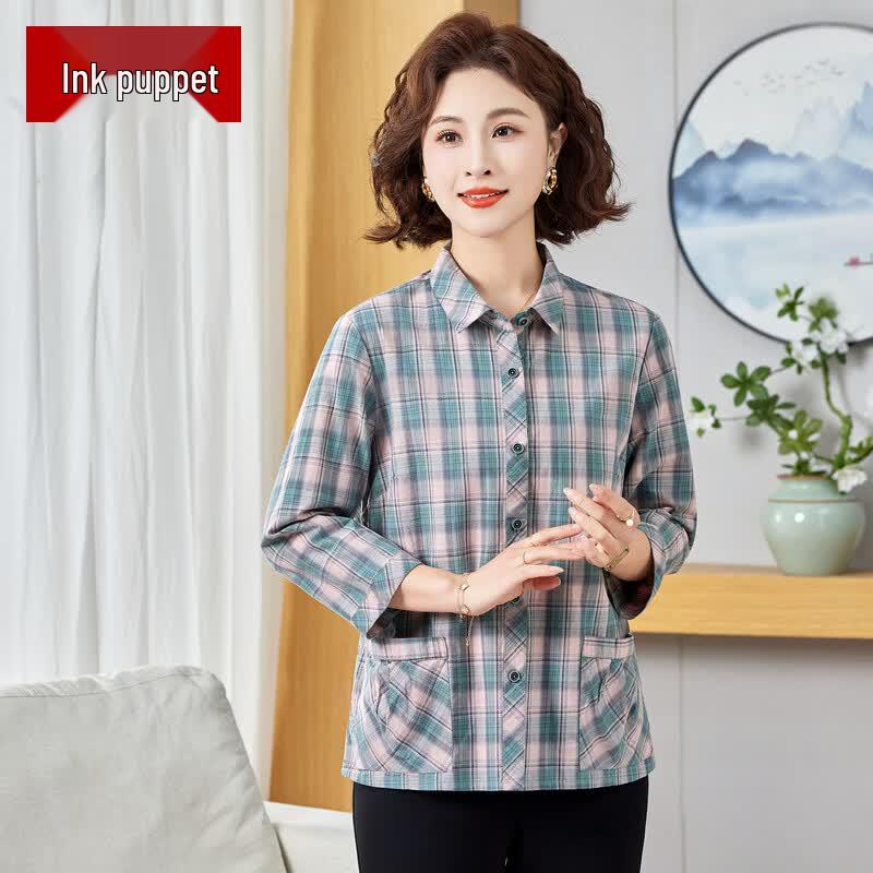 

Women s Plus Size Plaid Three-Quarter Sleeve Cotton Shirt 5XL