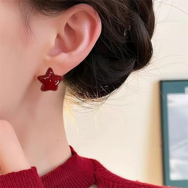 Vintage Wine Red Retro Stud Earrings For Women Dripping Oil Love Heart Shape Round Square Geometric Earring High Sense Jewelry