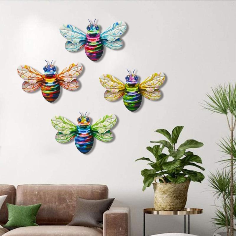 KX4B Eye Catching Metal Bees Ornament Colorful 3D Bees for Garden Yard Decoration (Set of 4)