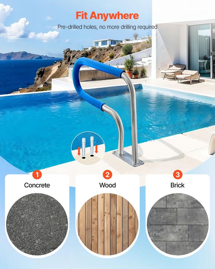 Pool Rail, 78.8 x 55.8 cm Pool Handrail, 100kg Load Capacity Heavy Duty 304 Stainless Steel Swimming Handrail, Detachable Nonslip Sleeve, Rich