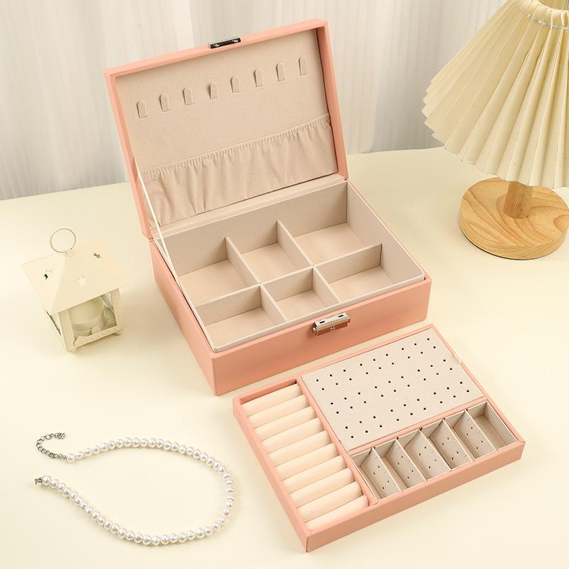 Spot PU Double-Layer Lockable Jewelry Storage Box for Rings, Earrings, and Necklaces
