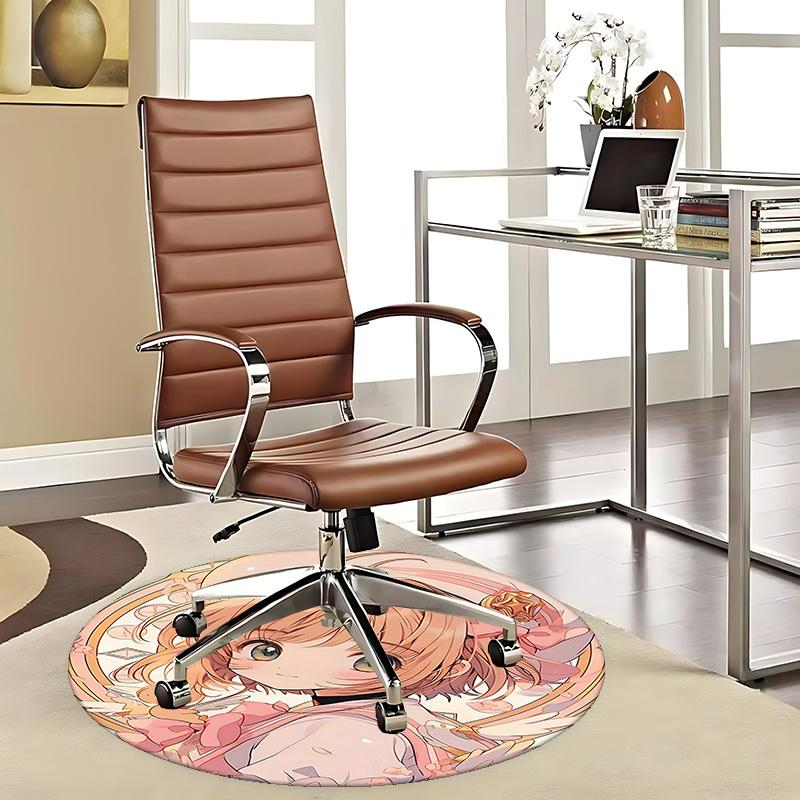 1pc Anime Design Round Carpet Office Chair Mat with Cute Girl and Flowers, Home Decor, Gaming Room