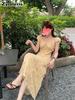 V-Neck Floral Ruffled Dress for Women, Beach Holiday Maxi Dress French Slim Fit Corset Ruched Dress