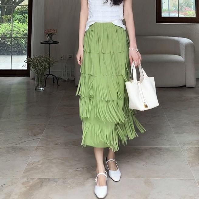 Miyake High-End Women's Tassel Layered Midi Skirt - Versatile & Slimming