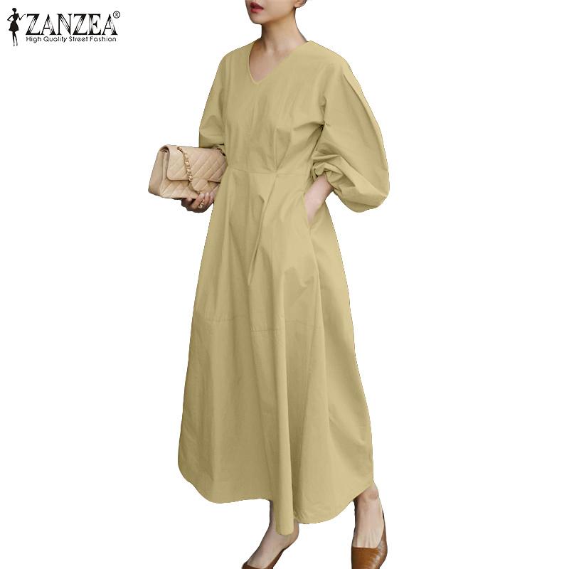 ZANZEA Women Casual V-Neck Loose Long Sleeve Solid Color Dress