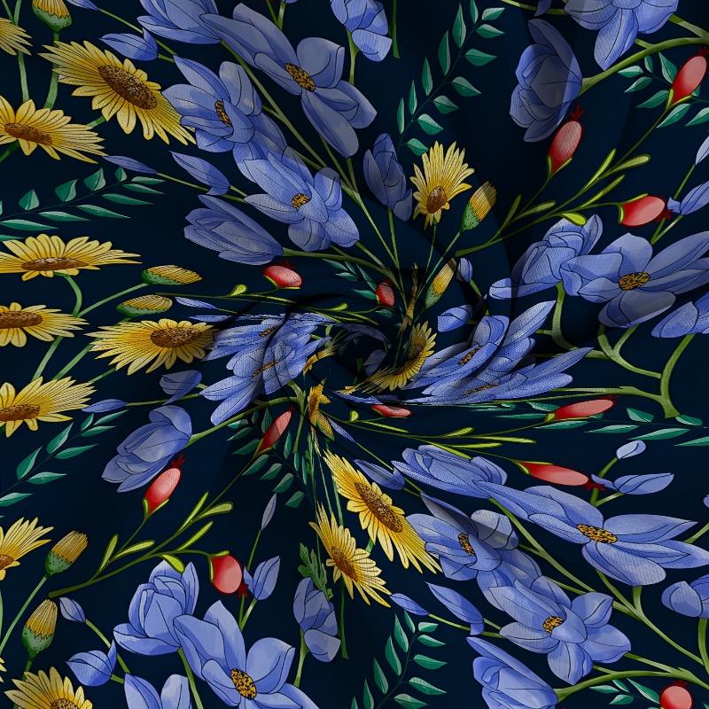 1 loose-fitting short-sleeved T-shirt with blue floral and sunflower prints and pockets