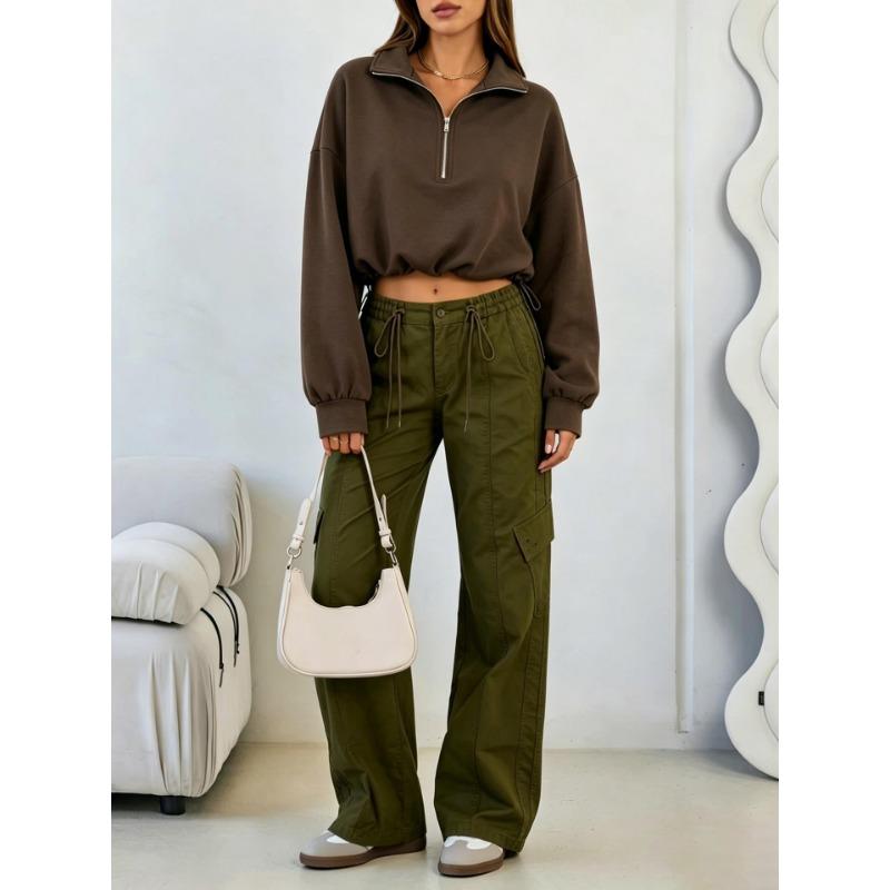 Women S Half Zip Long Sleeve Cropped Sweatshirt With Drawstring Y2k Style