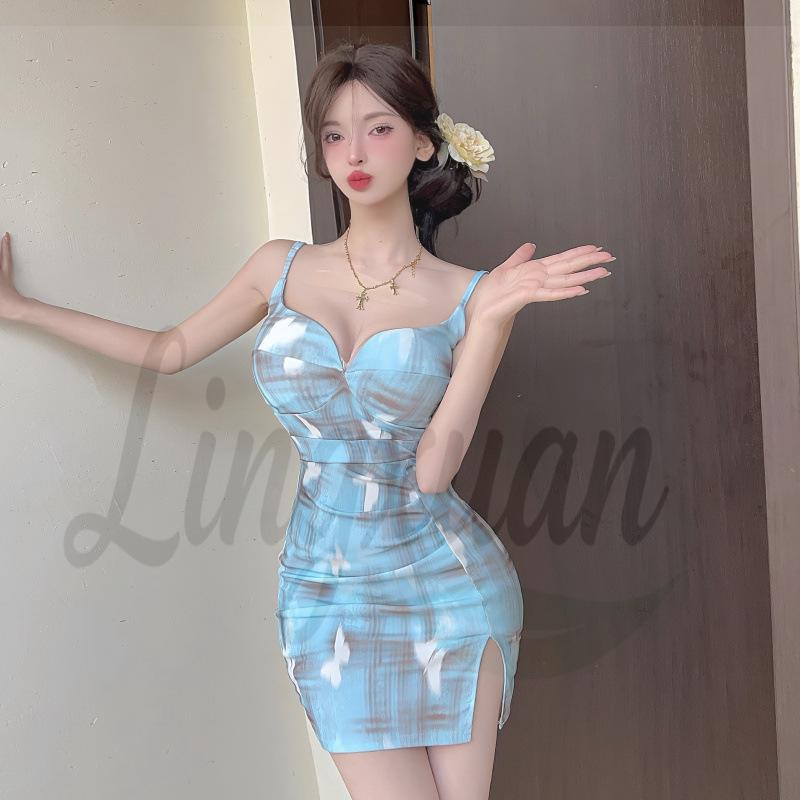 Real Shot Sexy V-Neck Hot Girl Printed Bodycon Camisole Dress – Hip-Hugging Short Skirt L