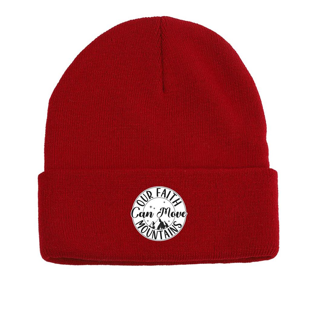 FAITH MOVE MOUNTAINS" Print Knitted Hat Beanie, Text Skullies Beanies Fit Thermal Headwear Pompom Beanies Knit Cap Beanie