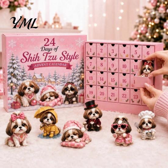 Kreative Weihnachts-Raumdekoration Shih Tzu Adventskalender, 24-Tage Countdown Spielzeug-Set mit Mini-Hund 24 Tage Festliche Dekorationsfiguren, Baumhänge-Dekoration,