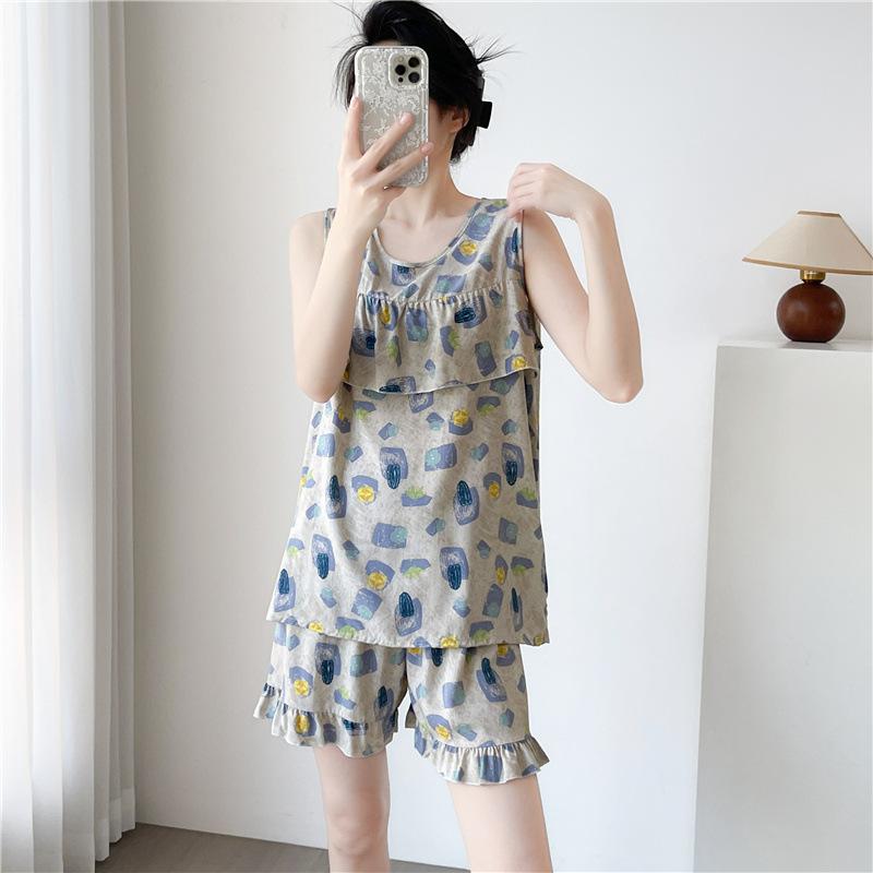 Women's Summer Ultra-Thin Cotton Satin Pajamas Set With Shorts And Sleeveless Vest, Cool Comfort Home Wear For Hot Weather