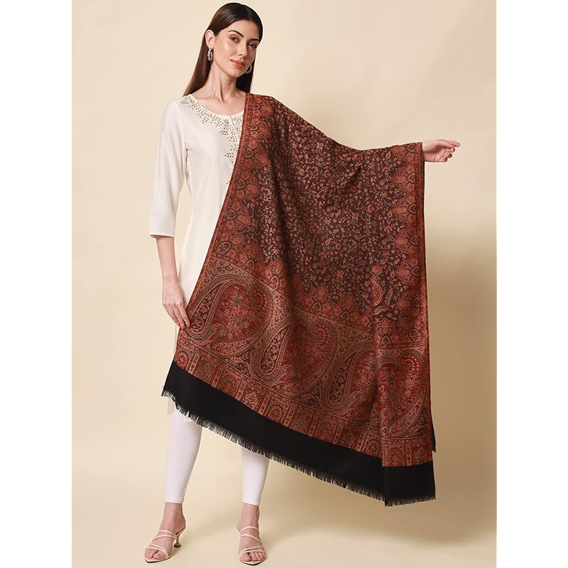 Pashmoda- Women's Faux Pashmina Jamawar Shawl, Wrap (SIZE: 40X80 Inches) (Black)