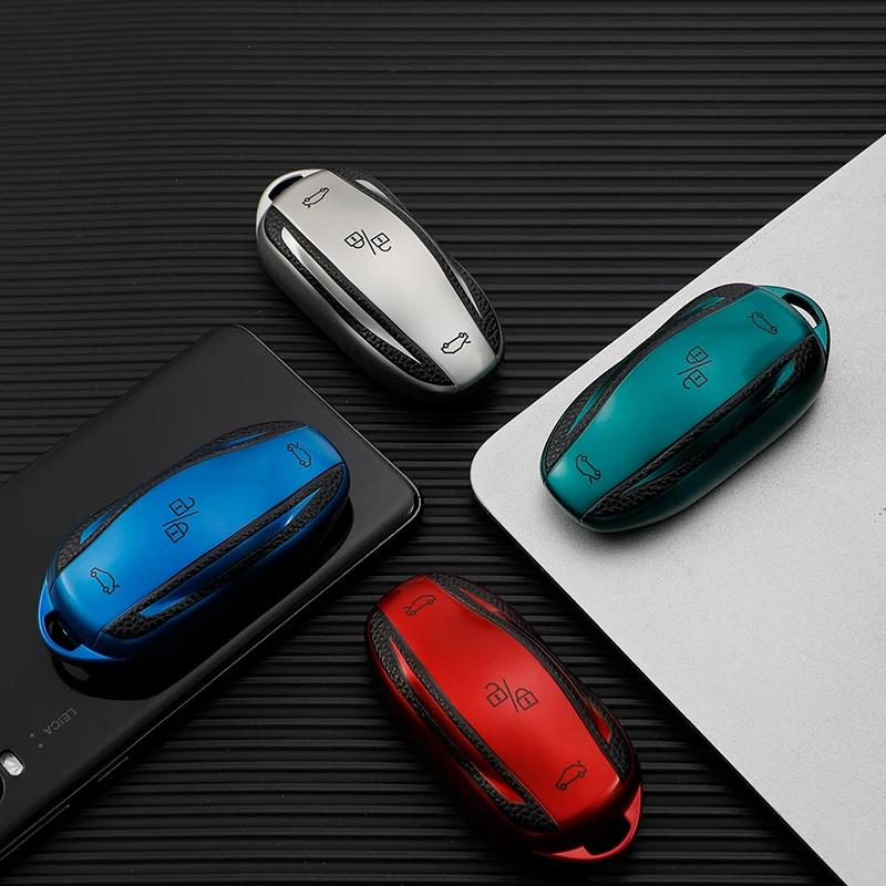 

Tpu Leather Car Smart Key Cover Case Fob Key Shell Bag Holder For Tesla Model 3 Y X S Protector Accessories silver