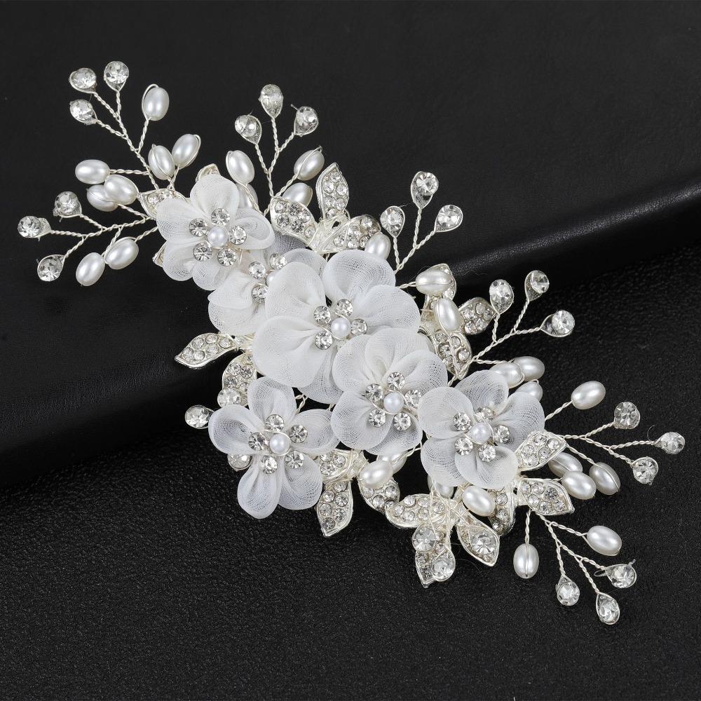 White Silk Flower Women Hair Pins Pearl Crystal Bride Tiara  Hair Accessories Jewelry
