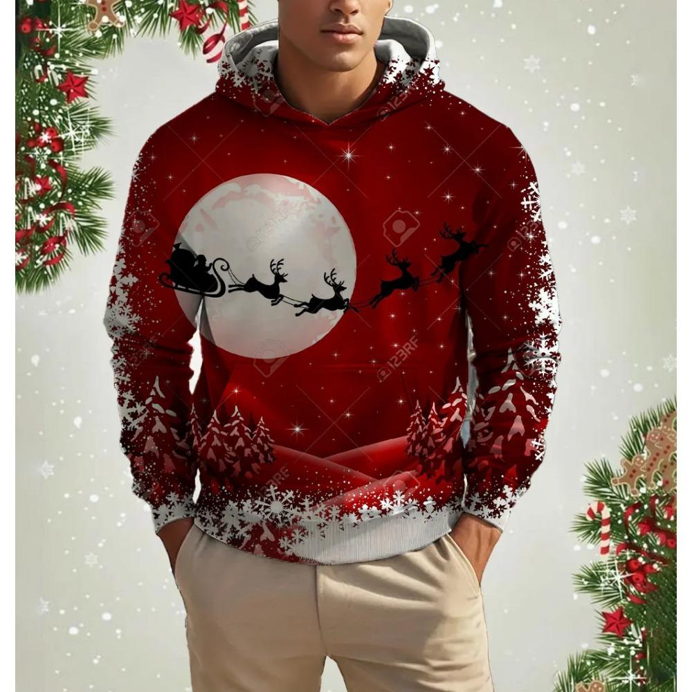 Christmas Elk Print Men's Hoodies & Sweatshirts Autumn Winter Casual New Year Clothing Fashion Loose Hooded Pullover X'mas Tops