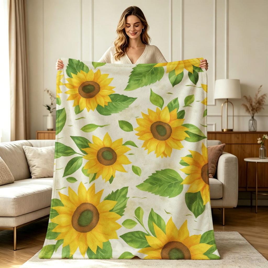 Soft Warm Flannel Sunflower Printed Blanket All Season Use for Couch Sofa Bed Office Living Room Cozy Lightweight Throw Blanket for Indoor Outdoor Dai