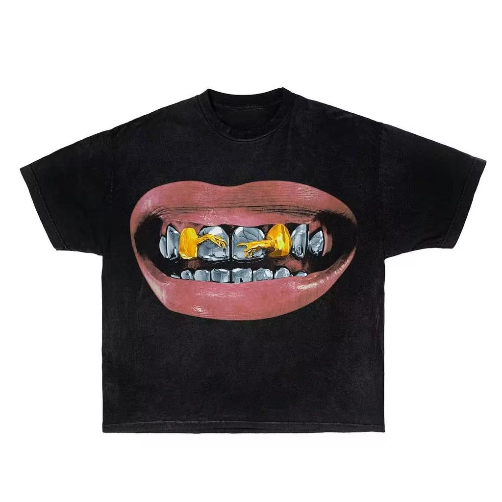 Streetwear Punk Nadměrné Ležérní Vzor Zubů Pánské Dámské Goth Tričko Y2K Harajuku Hip-hop Bavlna Krátký Rukáv Top Trička Unisex