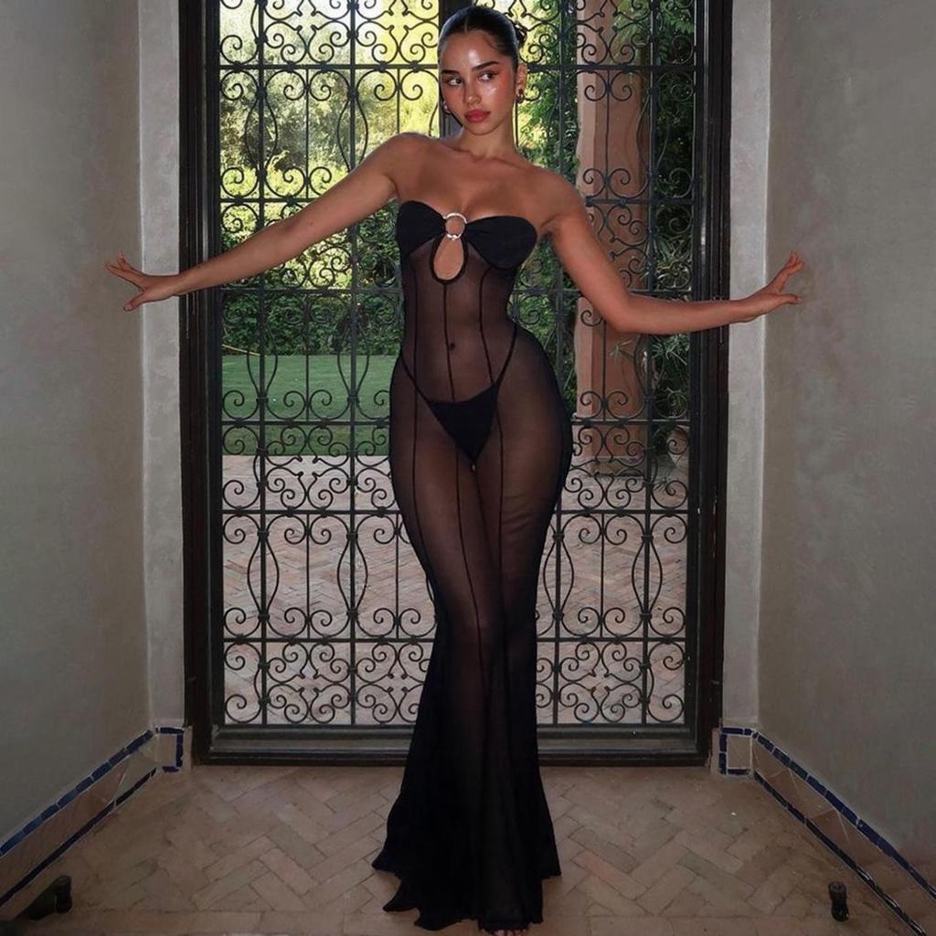 European & American Style One-Shoulder Mesh Dress - Sexy, See-Through, Slim-Fit for Autumn/Winter