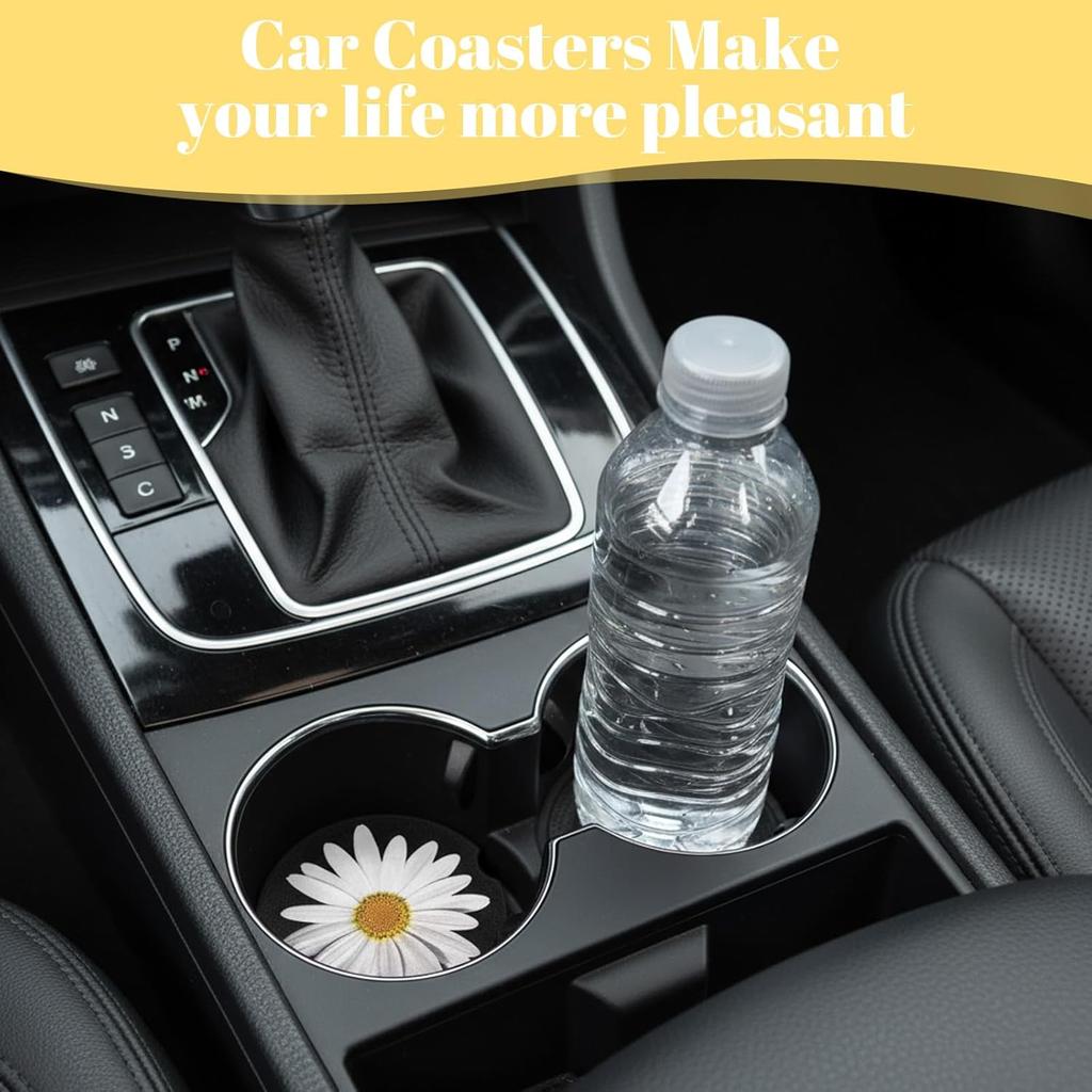 4Pcs Daisy Car Coasters for Cup Holders, Universal Non-Slip Absorbent Cup Holders, Cute Ceramic Drink Cup Car Holder Coasters, Car Interior