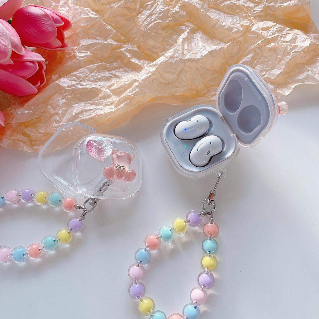 Cute Heart Bear Transparent øretelefondeksel til Samsung Galaxy Buds 2 Pro Live-deksel til Galaxy Buds2 Pro Funda Fullt beskytterdeksel med perlestropp